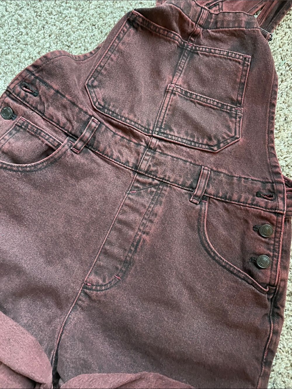 We The Free Free People Burgundy Ziggy Denim Short Overalls - Picture 3 of 3